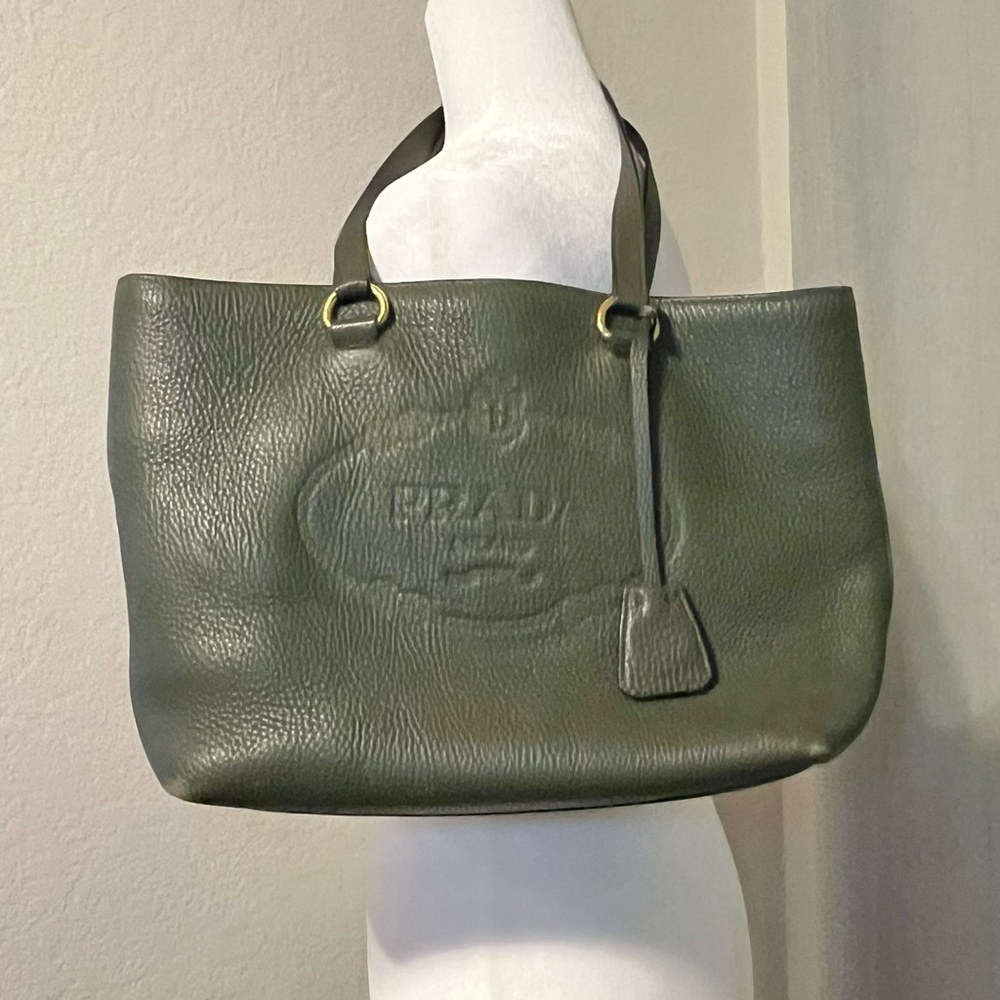 Prada Vitello Daino Logo Tote in Embossed Dark Green Leather
